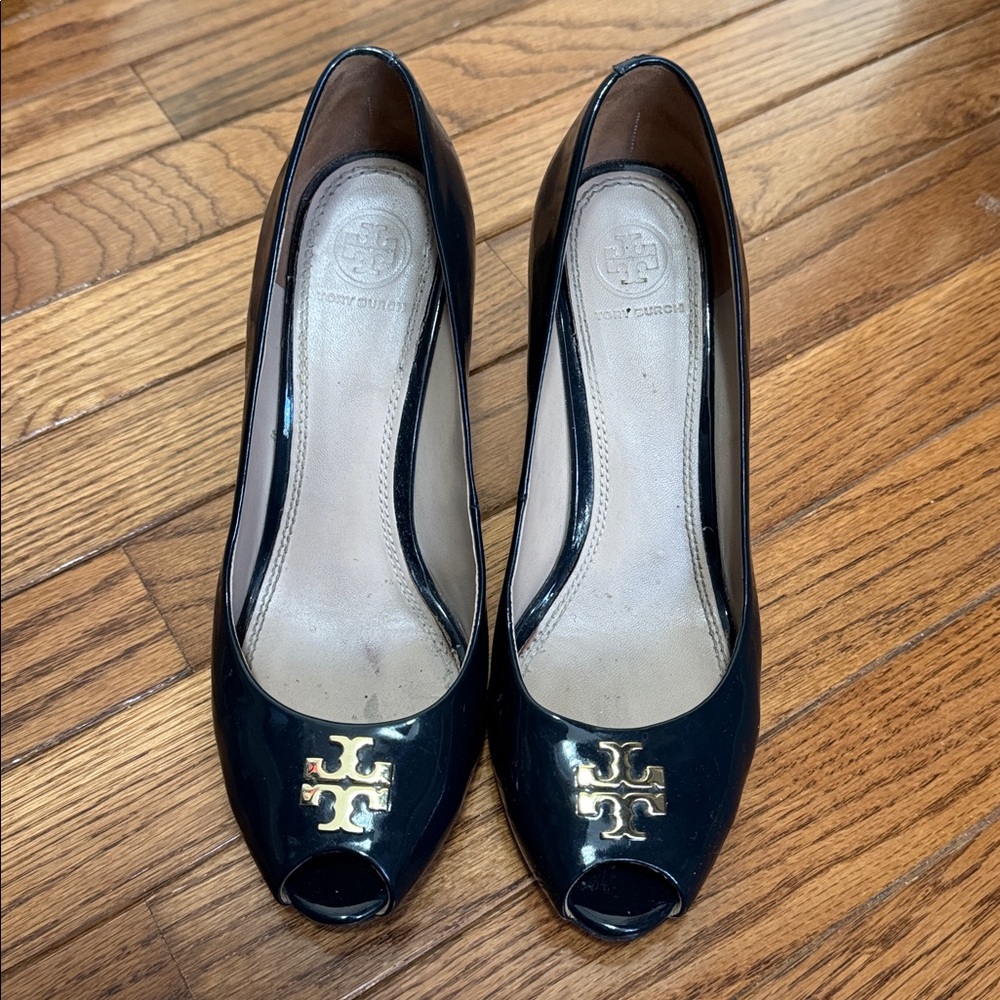 Tory Burch Navy Blue Patent Peep Toe Heels